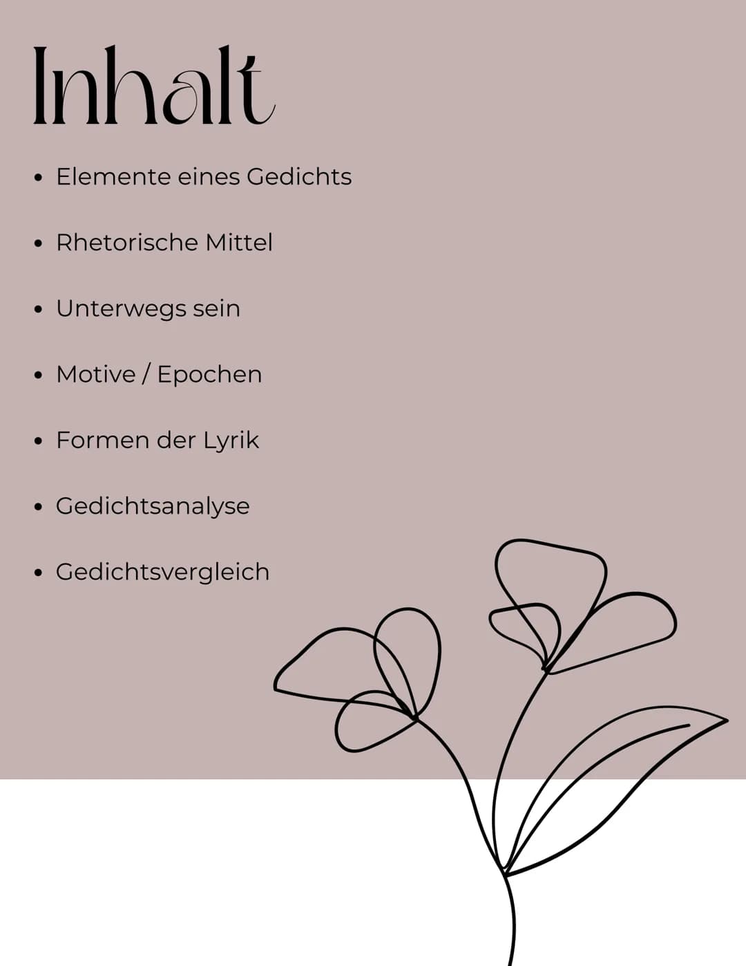 MELAN
..!!
LYRIK
Unterwegs sein
Barock bis in die Gegenwart Inhalt
●
●
Elemente eines Gedichts
Rhetorische Mittel
• Unterwegs sein
• Motive 