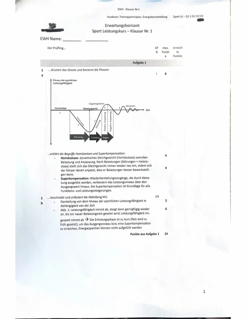Name:
Klausur Nr.1
Ausdauer, Trainingsprinzipien, Energiebereitstellung Sport LK-Q1.1 (S) 22/23)
Sport Leistungskurs - Klausur Nr. 1
Aufgabe