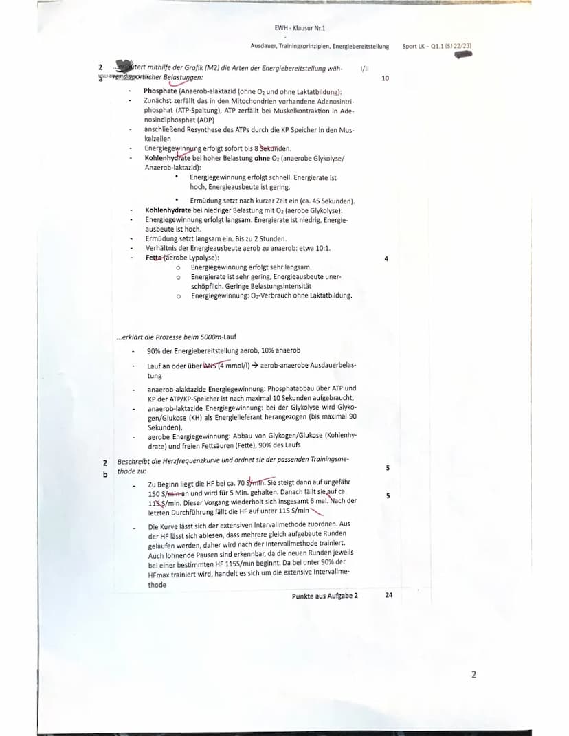 Name:
Klausur Nr.1
Ausdauer, Trainingsprinzipien, Energiebereitstellung Sport LK-Q1.1 (S) 22/23)
Sport Leistungskurs - Klausur Nr. 1
Aufgabe
