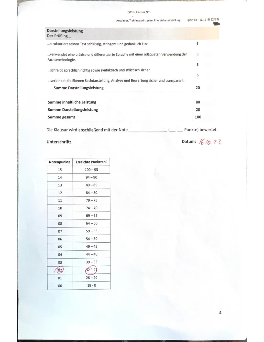 Name:
Klausur Nr.1
Ausdauer, Trainingsprinzipien, Energiebereitstellung Sport LK-Q1.1 (S) 22/23)
Sport Leistungskurs - Klausur Nr. 1
Aufgabe