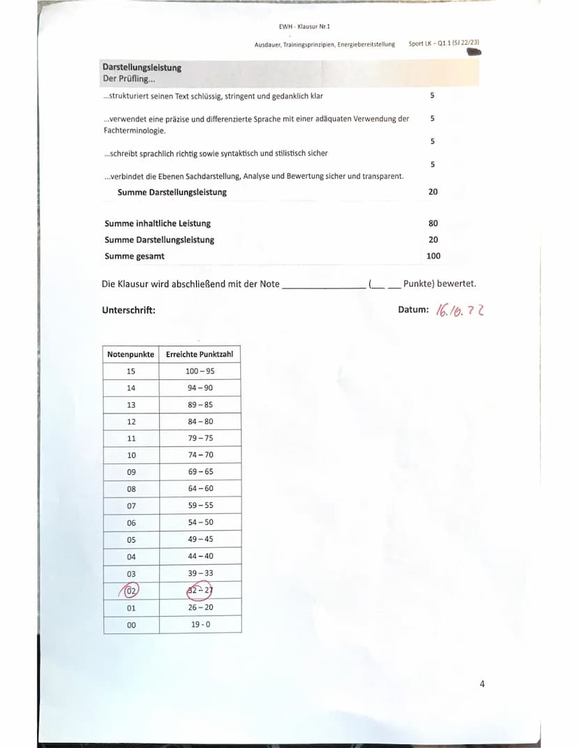 Name:
Klausur Nr.1
Ausdauer, Trainingsprinzipien, Energiebereitstellung Sport LK-Q1.1 (S) 22/23)
Sport Leistungskurs - Klausur Nr. 1
Aufgabe