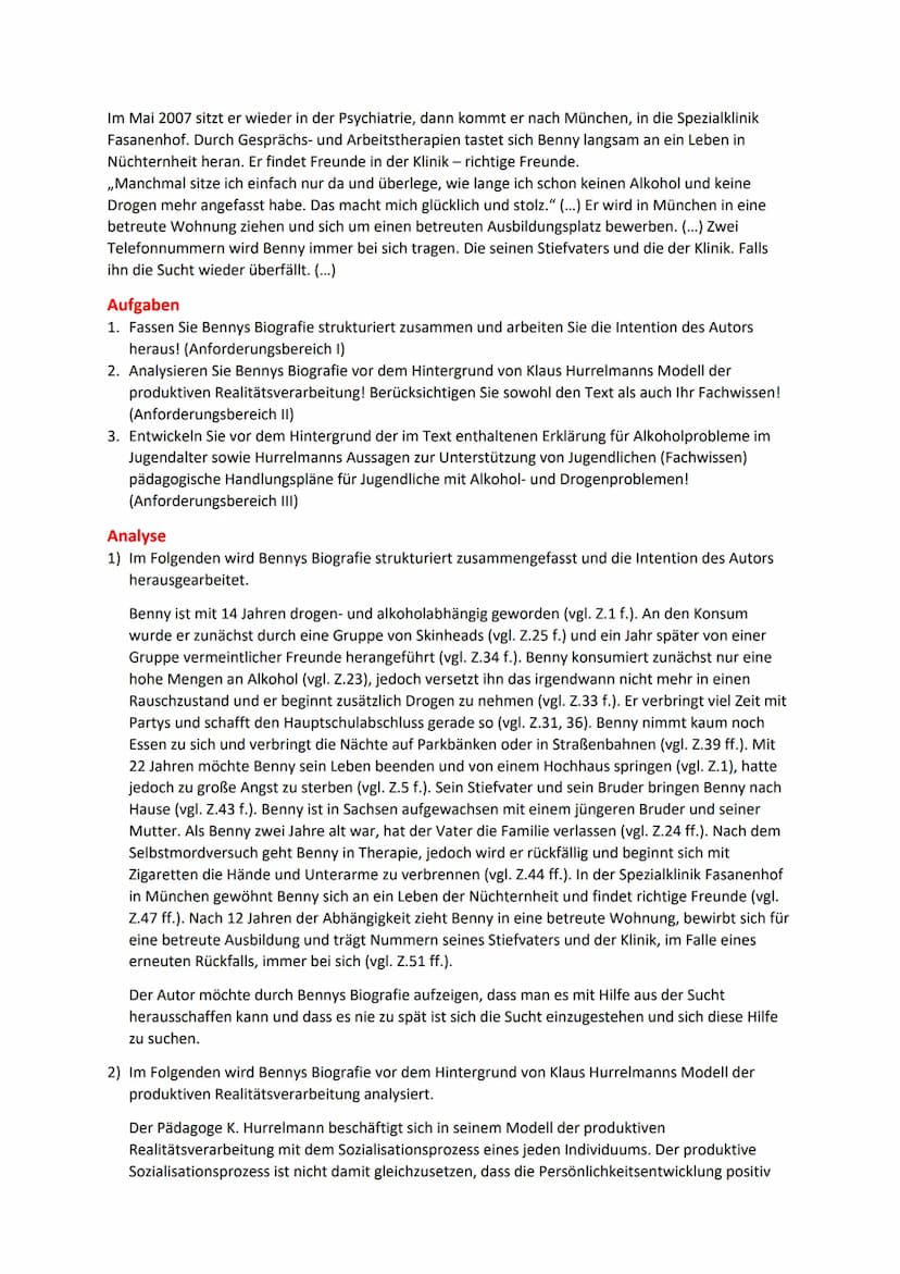 Produktive Realitätsverarbeitung
Vorgegebener Text
,,Am Abgrund"
Immer mehr Jugendliche haben Alkoholprobleme - die Geschichte eines ehemali