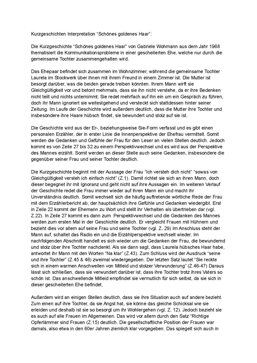 Kurzgeschichtenanalyse und Interpretation "Schönes goldenes Haar" 