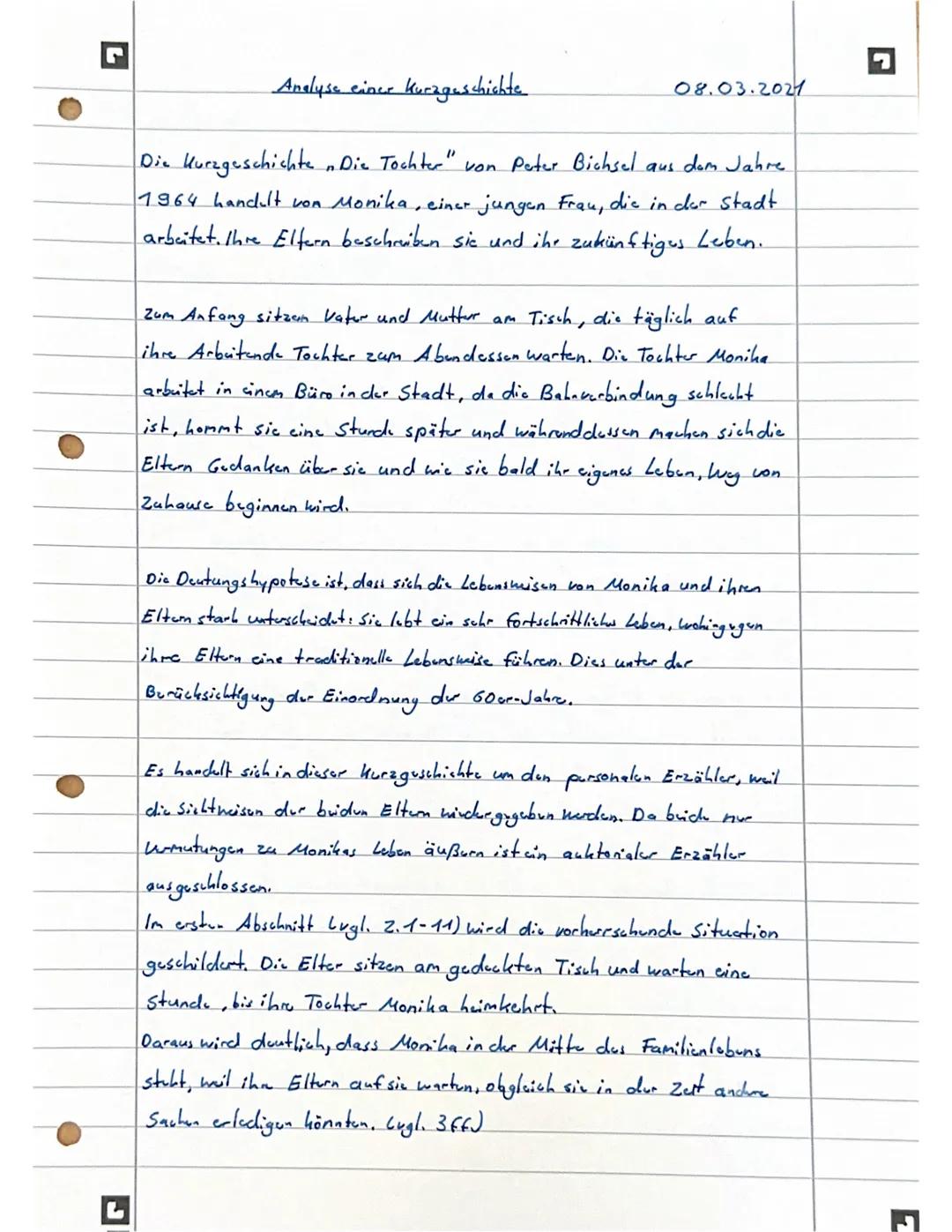 # Analyse einer Kurzgeschichte

08.03.2021

Die Kurzgeschichten "Die Tochter" von Peter Bichsel aus dem Jahre
1964 handult von Monika, einer