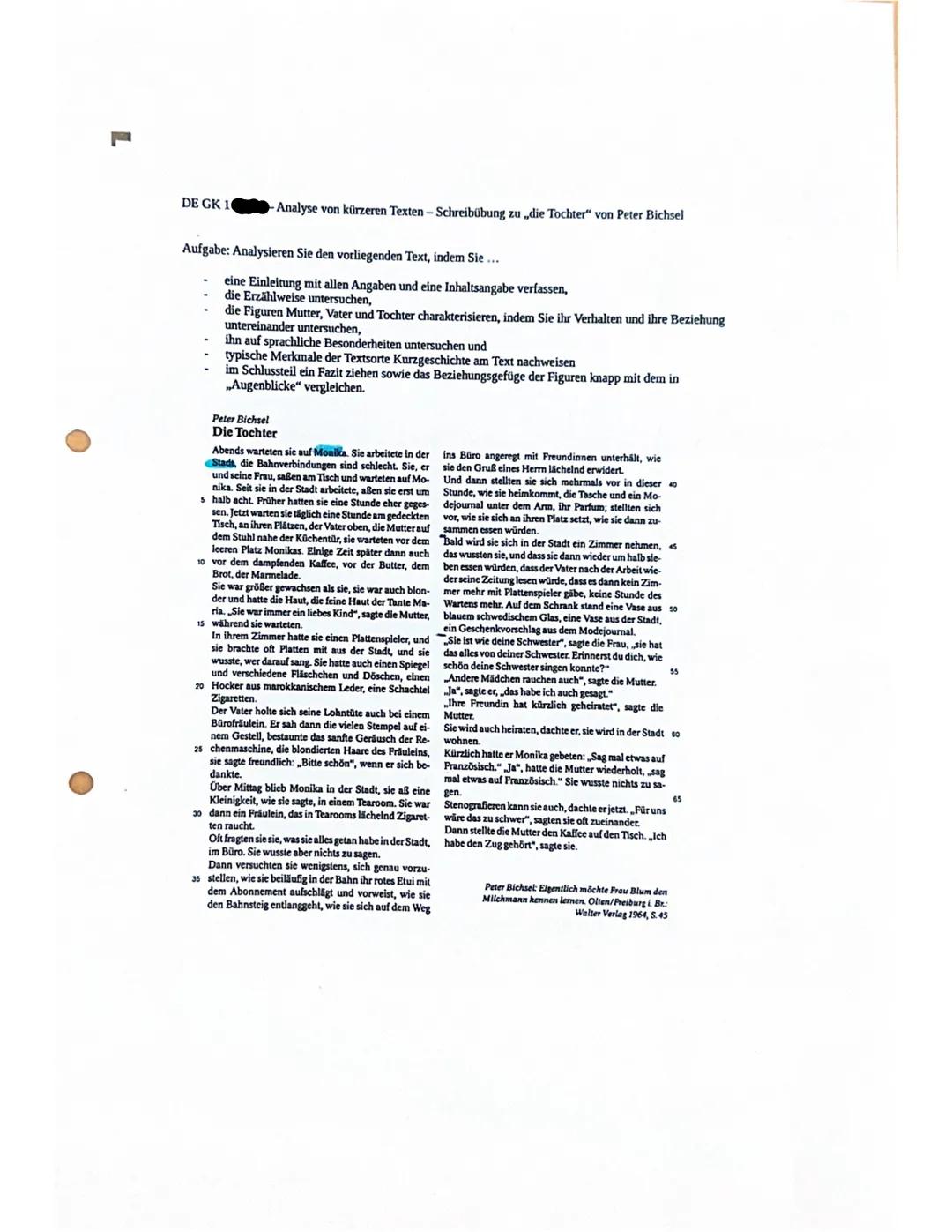 # Analyse einer Kurzgeschichte

08.03.2021

Die Kurzgeschichten "Die Tochter" von Peter Bichsel aus dem Jahre
1964 handult von Monika, einer