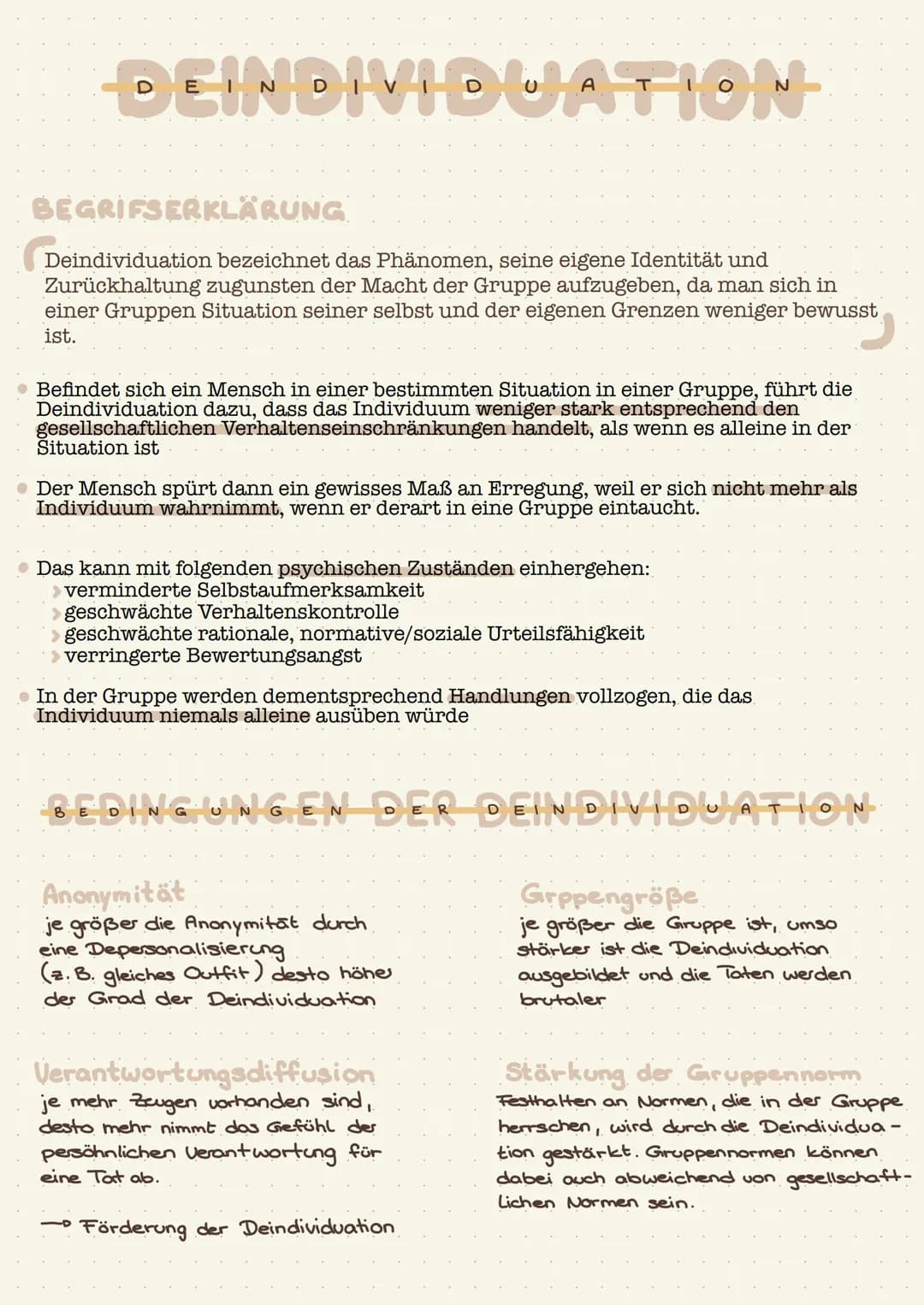 DEINDIVIDUATION
BEGRIFSERKLÄRUNG
Deindividuation bezeichnet das Phänomen, seine eigene Identität und
Zurückhaltung zugunsten der Macht der G