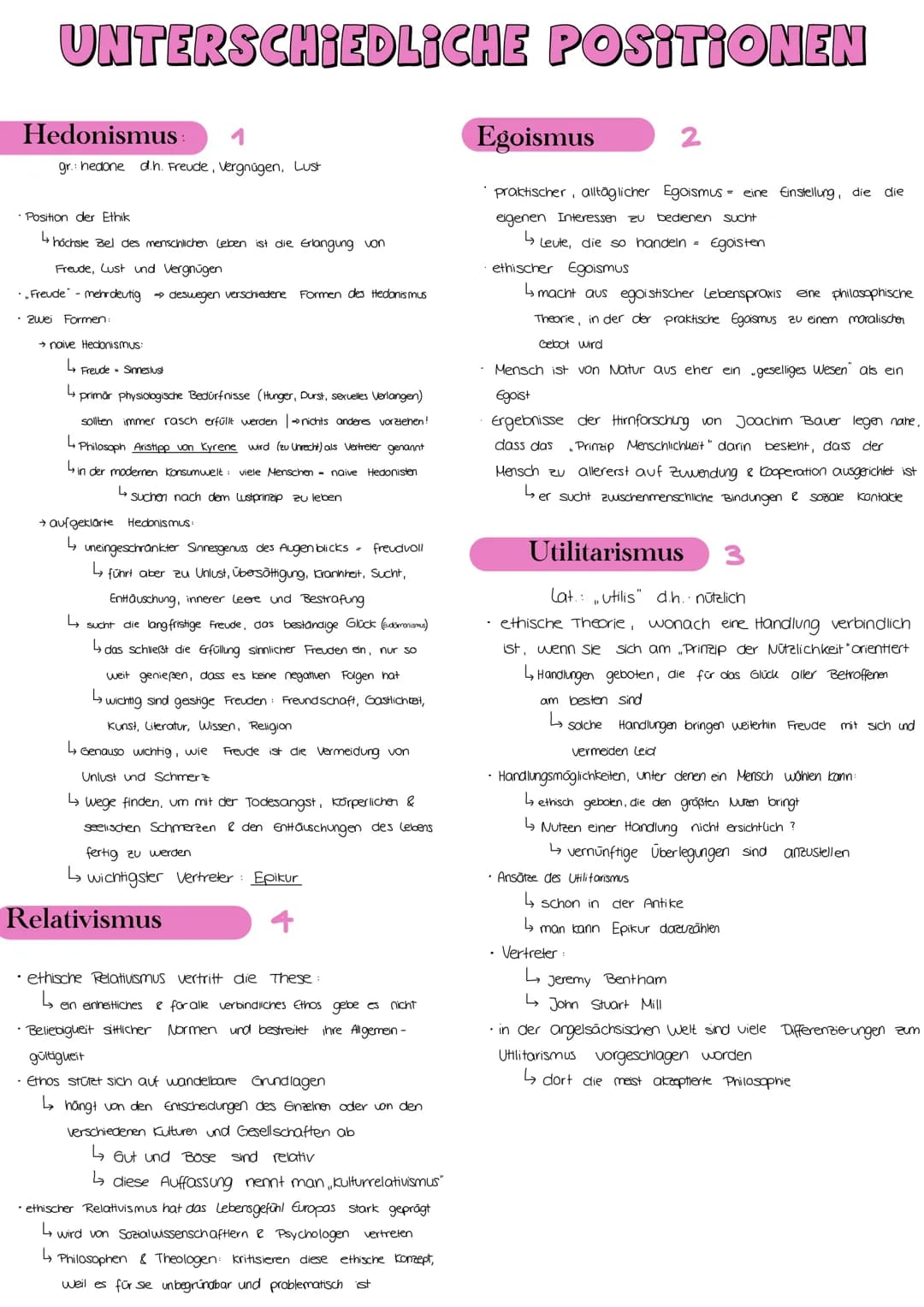UNTERSCHIEDLICHE POSITIONEN
Hedonismus:
gr.: hedone d.h. Freude, Vergnügen, Lust
Position der Ethik
↳ höchste Ziel des menschlichen Leben is