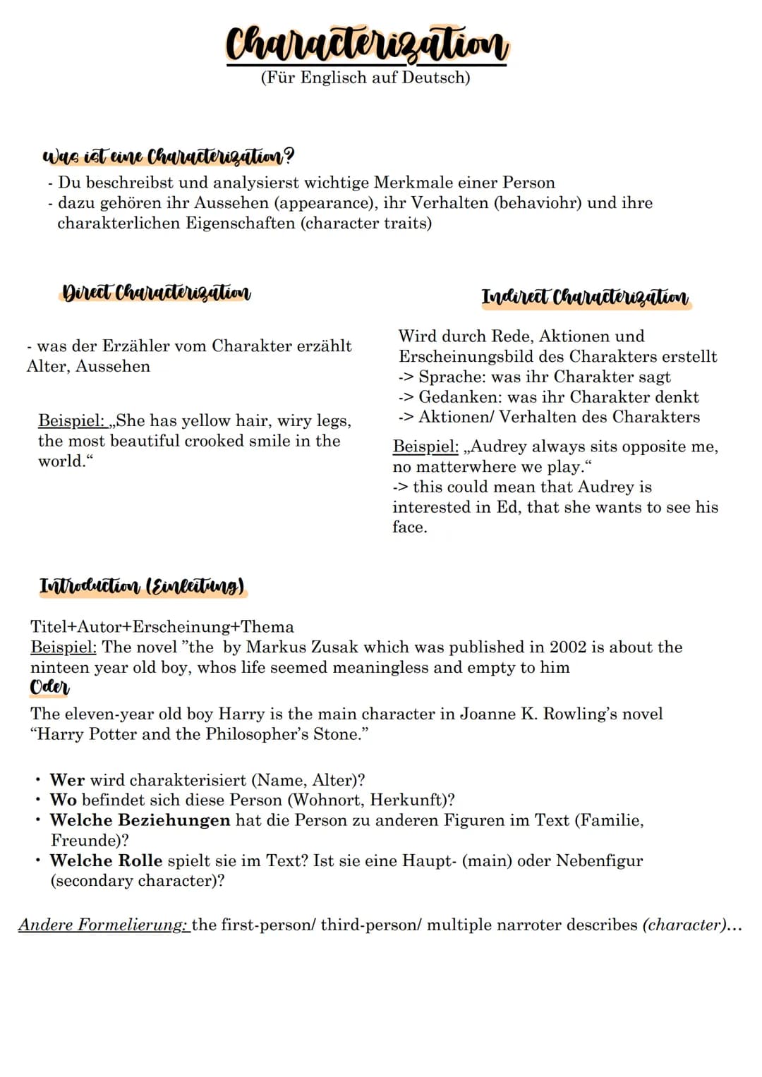 
<h2 id="einleitung">Einleitung</h2>
<p>Die Characterization ist eine Beschreibung und Analyse wichtiger Merkmale einer Person, einschließli