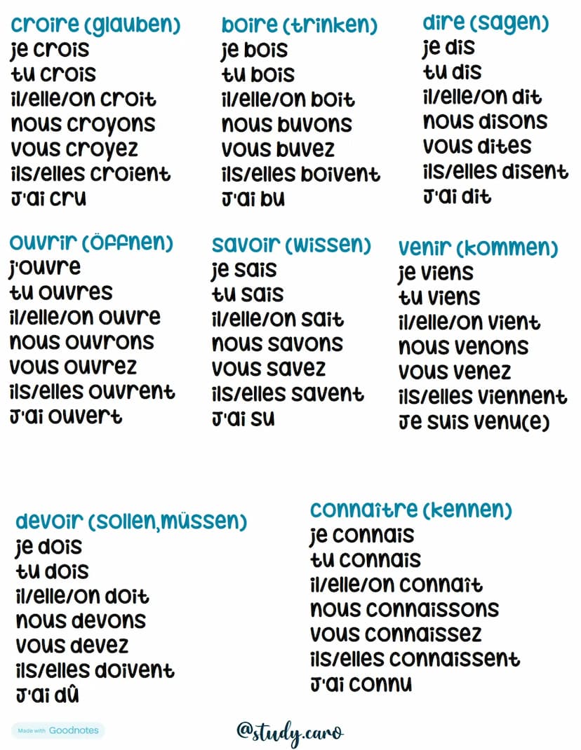 Unregelmäßige Verben
être (sein)
je suis
tu es
il/elle/on est
nous sommes
Vous êtes
ils/elles sont
J'ai été
lire (lesen)
je lis
tu lis
il/el