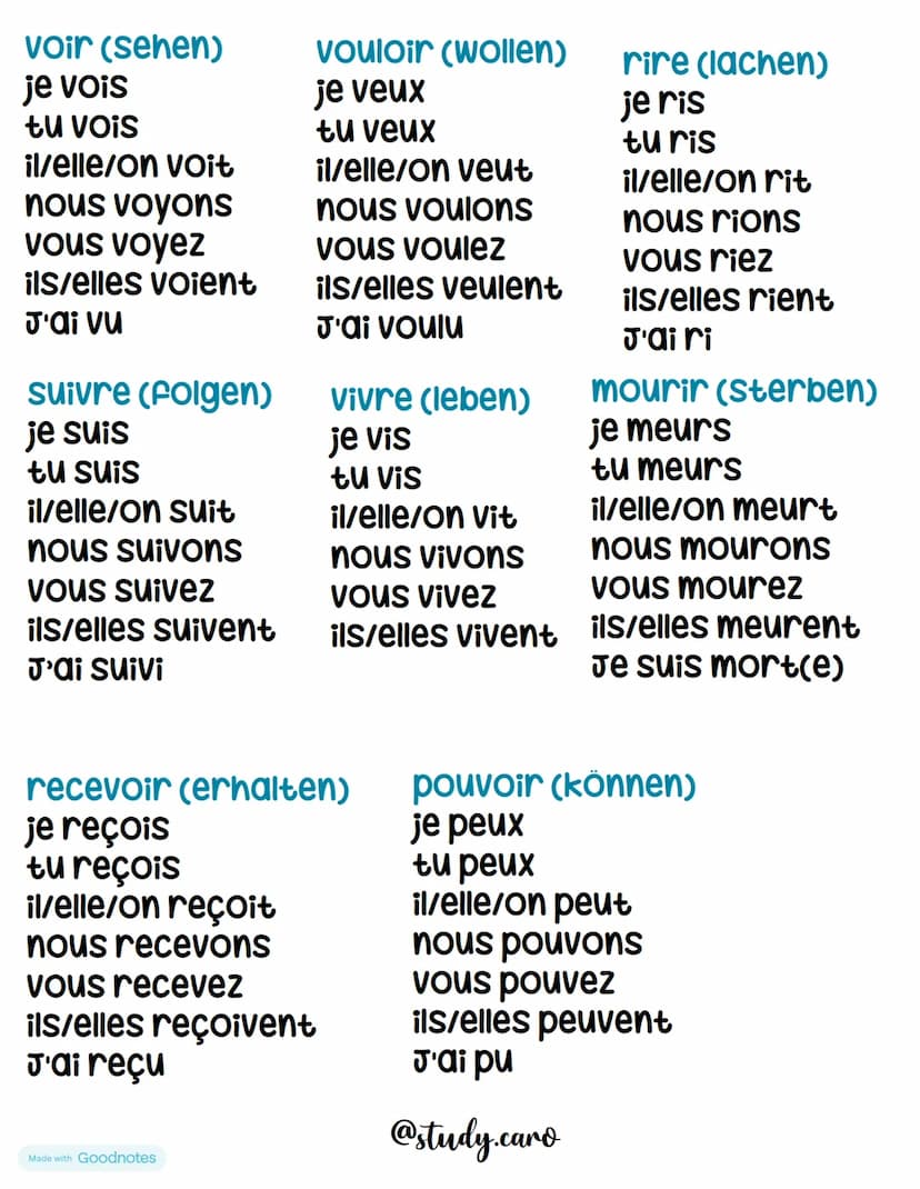 Unregelmäßige Verben
être (sein)
je suis
tu es
il/elle/on est
nous sommes
Vous êtes
ils/elles sont
J'ai été
lire (lesen)
je lis
tu lis
il/el