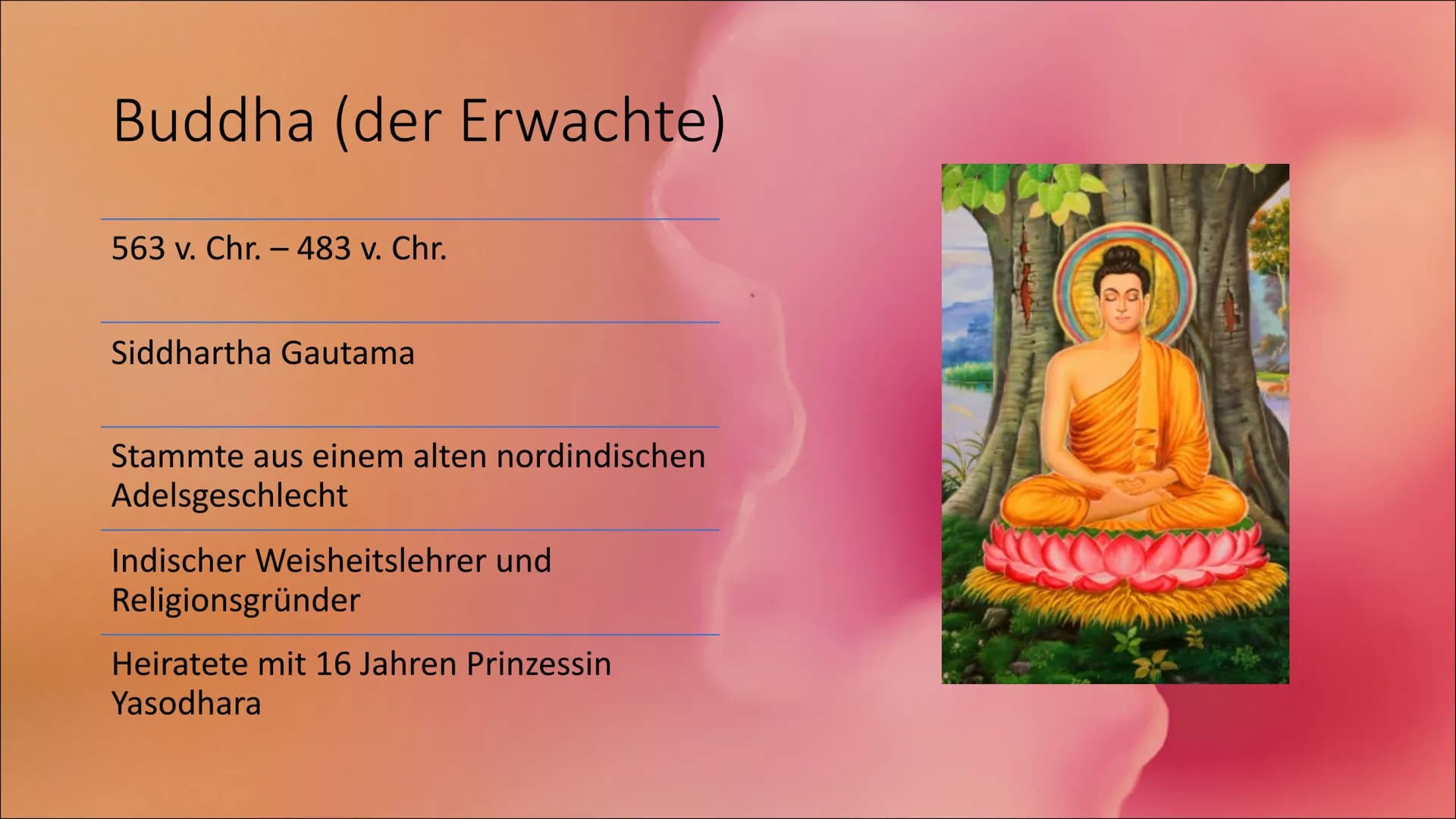 Im Kreislauf der Wiedergeburten -
das Menschenbild des Buddhismus Inhaltsverzeichnis
Grundinformationen über den Buddhismus
Buddha
Entstehun