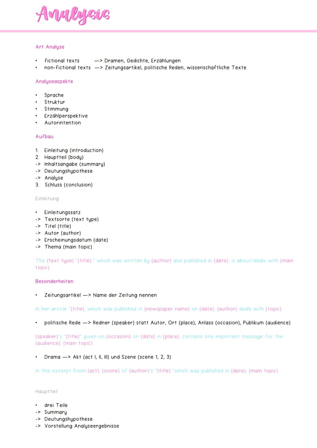 Analysic
Art Analyse
.
Analyseaspekte
Sprache
Struktur
Stimmung
.
fictional texts
-> Dramen, Gedichte, Erzählungen
non-fictional texts -> Ze