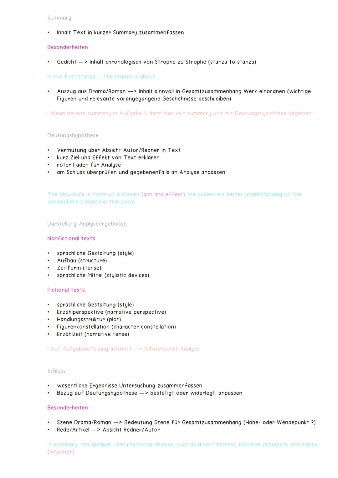 Analysic
Art Analyse
.
Analyseaspekte
Sprache
Struktur
Stimmung
.
fictional texts
-> Dramen, Gedichte, Erzählungen
non-fictional texts -> Ze