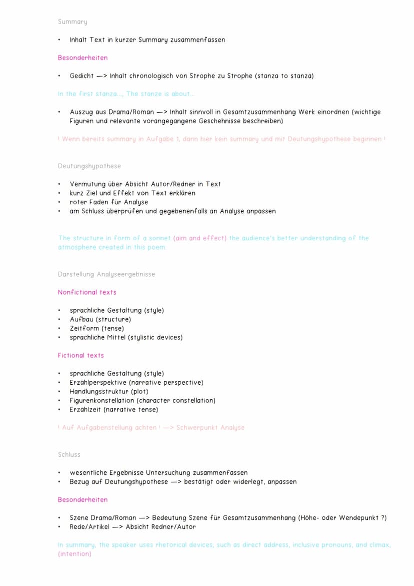 Analysic
Art Analyse
.
Analyseaspekte
Sprache
Struktur
Stimmung
.
fictional texts
-> Dramen, Gedichte, Erzählungen
non-fictional texts -> Ze