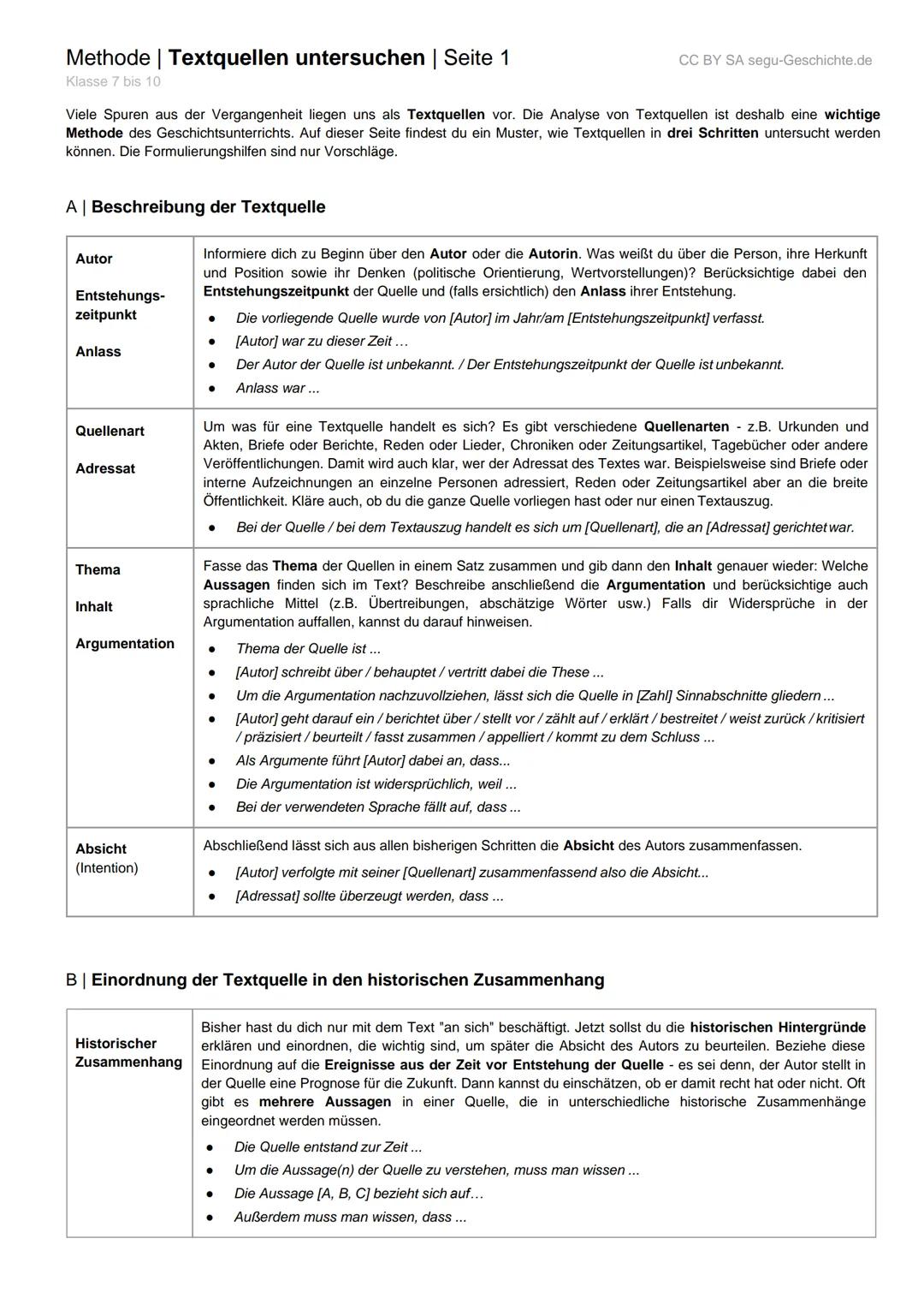 Methode | Textquellen untersuchen | Seite 1
Klasse 7 bis 10
Viele Spuren aus der Vergangenheit liegen uns als Textquellen vor. Die Analyse v