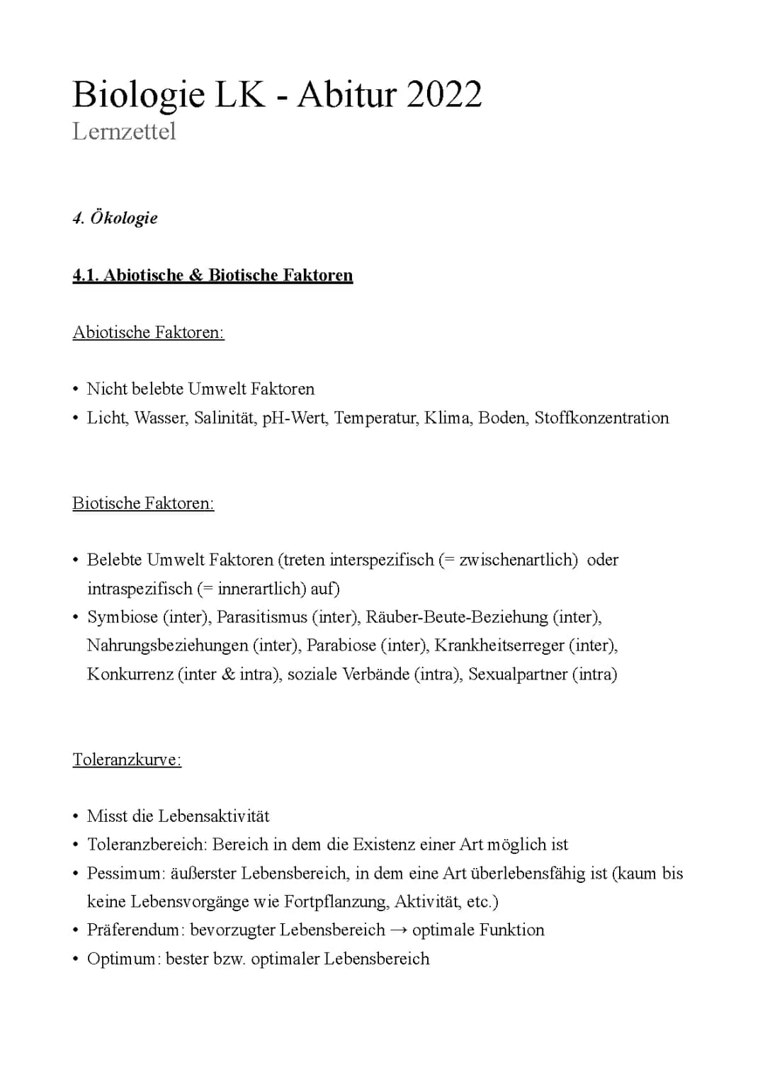 Abitur Lernzettel: Ökologie 