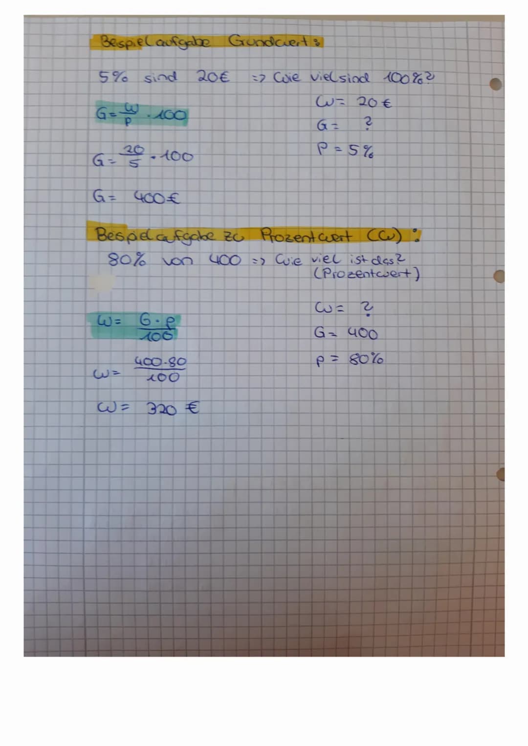 Beispiel aufgabe Grundwuert:
5% sind
G=100
5
- 100
G = 400€
W=
20€
6.e
100
400-80
Beispiel aufgabe zu Prozentwert (Cu) •
80% von 400 => Cuie