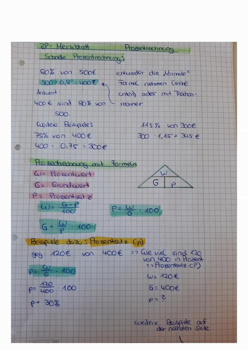 Beispiel aufgabe Grundwuert:
5% sind
G=100
5
- 100
G = 400€
W=
20€
6.e
100
400-80
Beispiel aufgabe zu Prozentwert (Cu) •
80% von 400 => Cuie