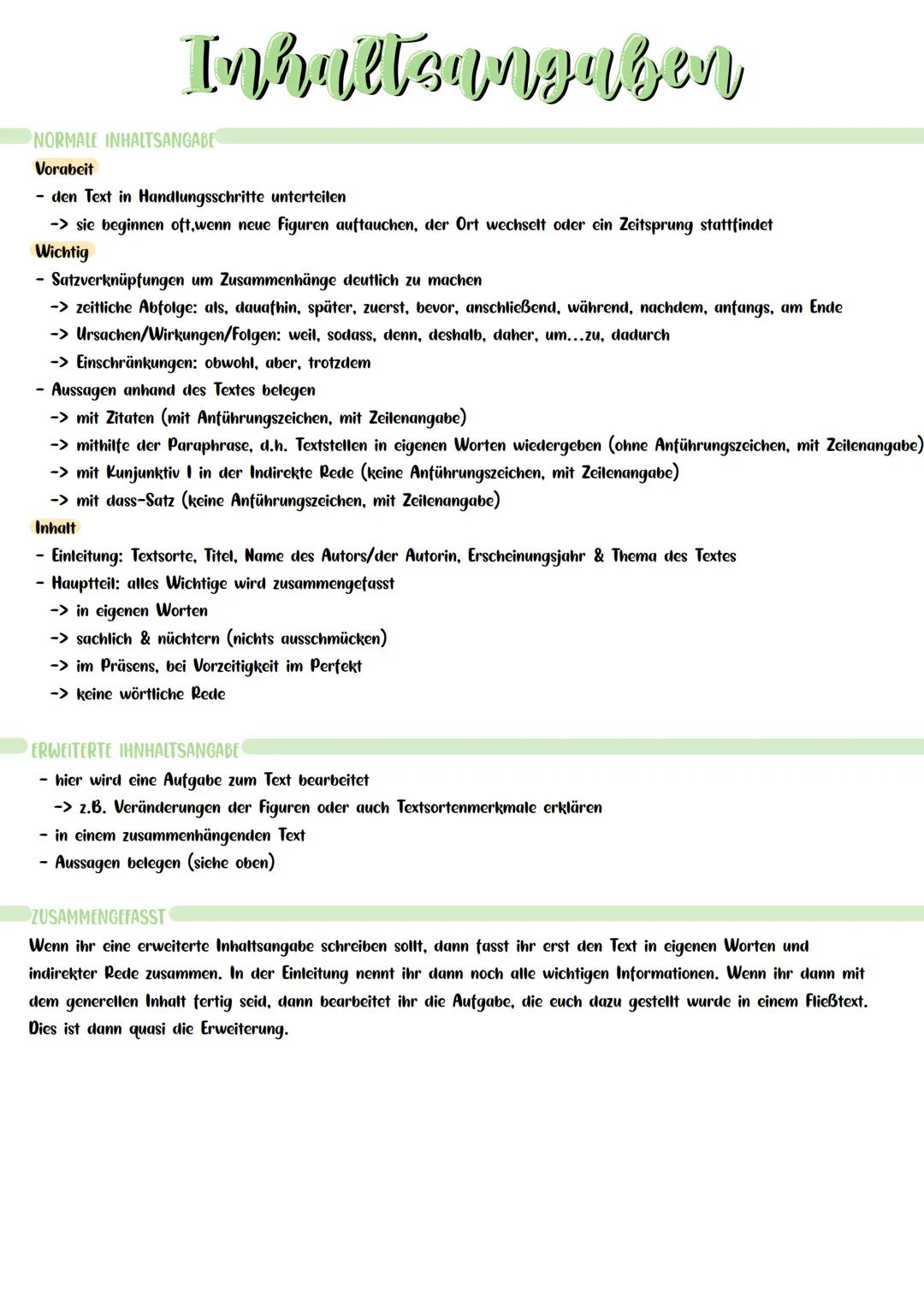 Inhaltsangaben
- den Text in Handlungsschritte unterteilen
-> sie beginnen oft,wenn neue Figuren auftauchen, der Ort wechselt oder ein Zeits