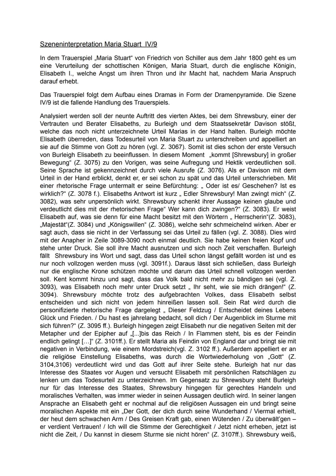 Szeneninterpretation Maria Stuart IV/9
In dem Trauerspiel ,,Maria Stuart" von Friedrich von Schiller aus dem Jahr 1800 geht es um
eine Verur