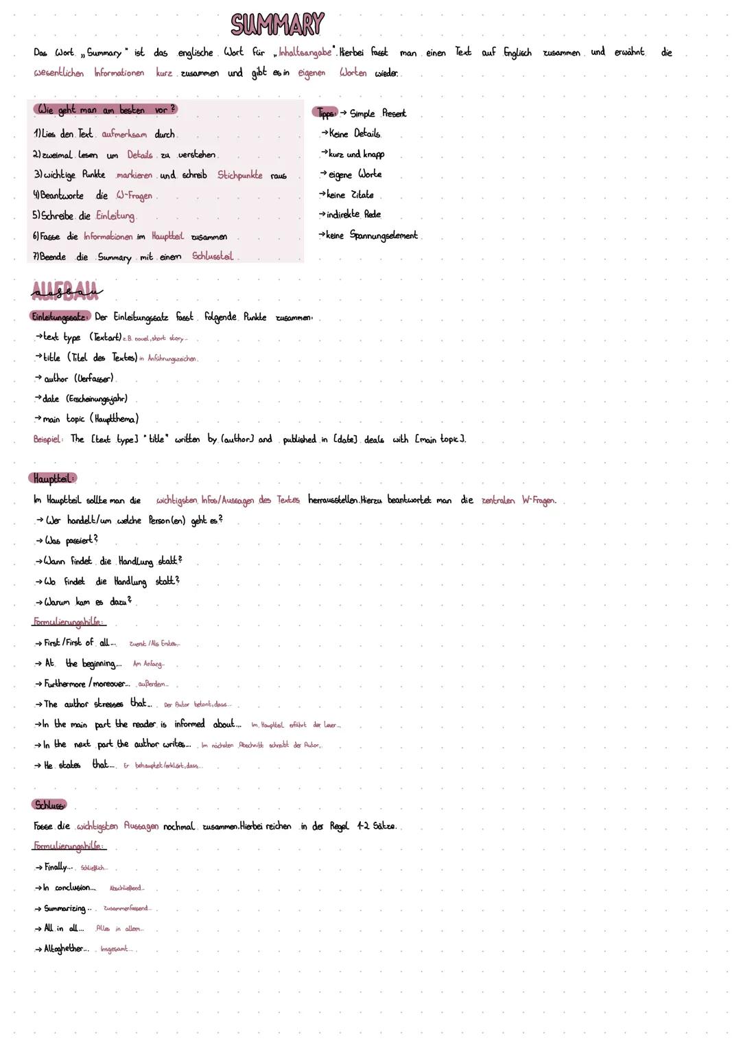 # SUMMARY

Das Wort Summary" ist das englische Wort für Inhaltsangabe. Herbei fasst man einen Text auf Englisch zusammen und erwähnt die
wes