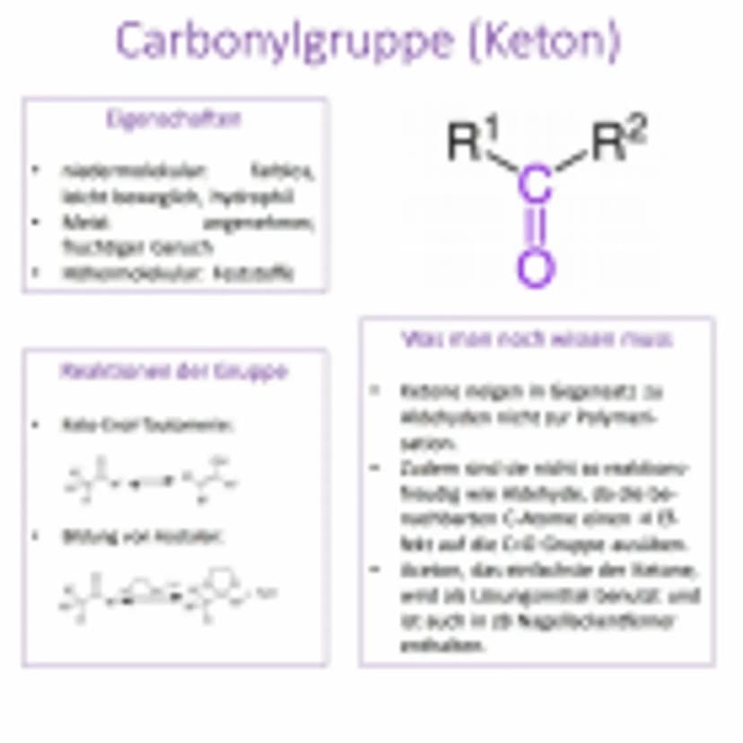 CHEMIE
Funktionelle
Gruppen Hydroxygruppe (Alkohol)
Eigenschaf
uppe
R
H
Vanach was w Carbonylgruppe (Aldehyd)
R
H
Vasmack Dan Phwa Carbonylg