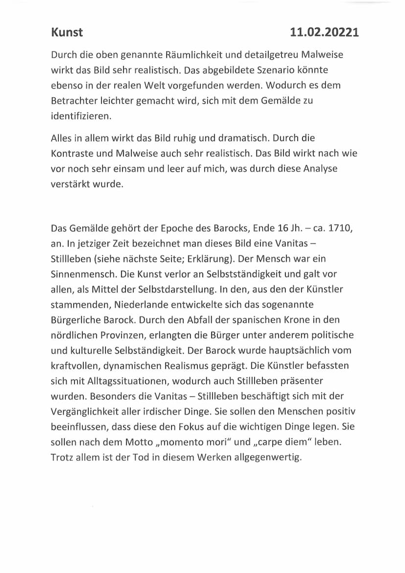 Kunst
11.02.20221
Das Gemälde ,,Vanitas- Stillleben (Stillleben mit Glaskugel) wurde im
Jahr 1625 von Pieter Claesz mit Ölfarben auf Eichenh