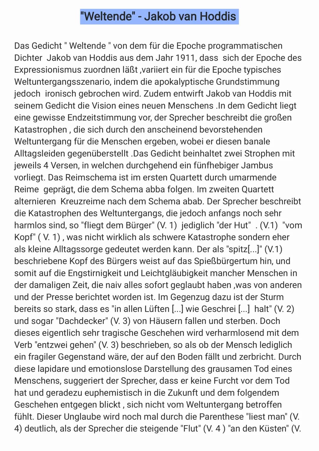 "Weltende" - Jakob van Hoddis
Das Gedicht " Weltende " von dem für die Epoche programmatischen
Dichter Jakob van Hoddis aus dem Jahr 1911, d