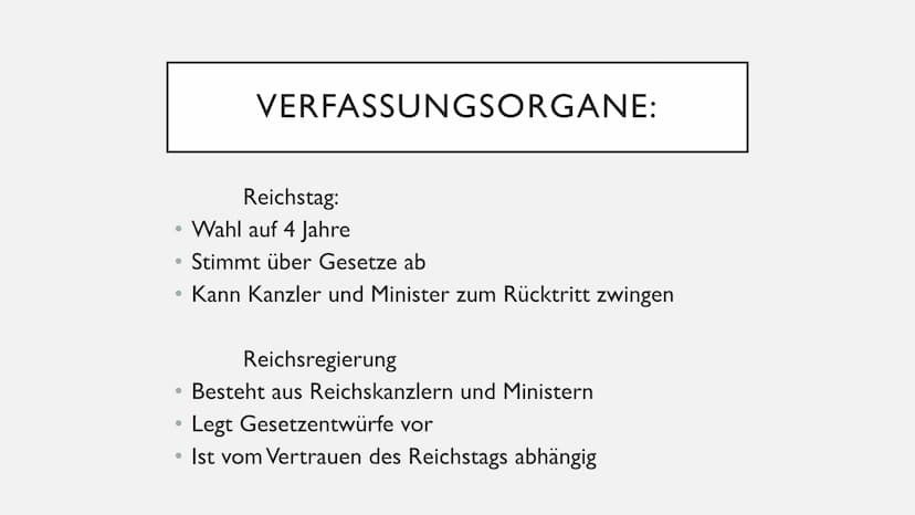 DIE WEIMARER
VERFASSUNG GLIEDERUNG:
1. Aufbau der Verfassung
II. Neue Rechte und Freiheiten des Volkes
III. Verteilung der Macht
IV.Mögliche