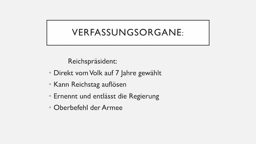 DIE WEIMARER
VERFASSUNG GLIEDERUNG:
1. Aufbau der Verfassung
II. Neue Rechte und Freiheiten des Volkes
III. Verteilung der Macht
IV.Mögliche
