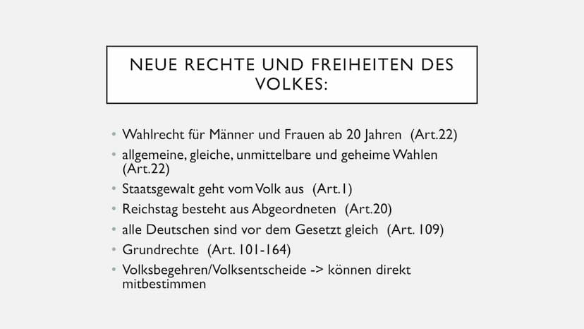 DIE WEIMARER
VERFASSUNG GLIEDERUNG:
1. Aufbau der Verfassung
II. Neue Rechte und Freiheiten des Volkes
III. Verteilung der Macht
IV.Mögliche