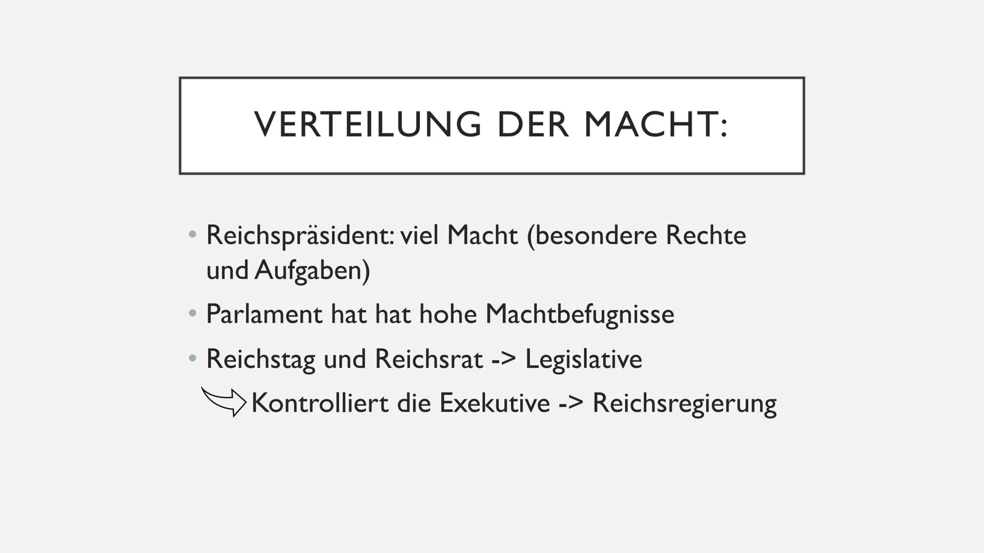 DIE WEIMARER
VERFASSUNG GLIEDERUNG:
1. Aufbau der Verfassung
II. Neue Rechte und Freiheiten des Volkes
III. Verteilung der Macht
IV.Mögliche