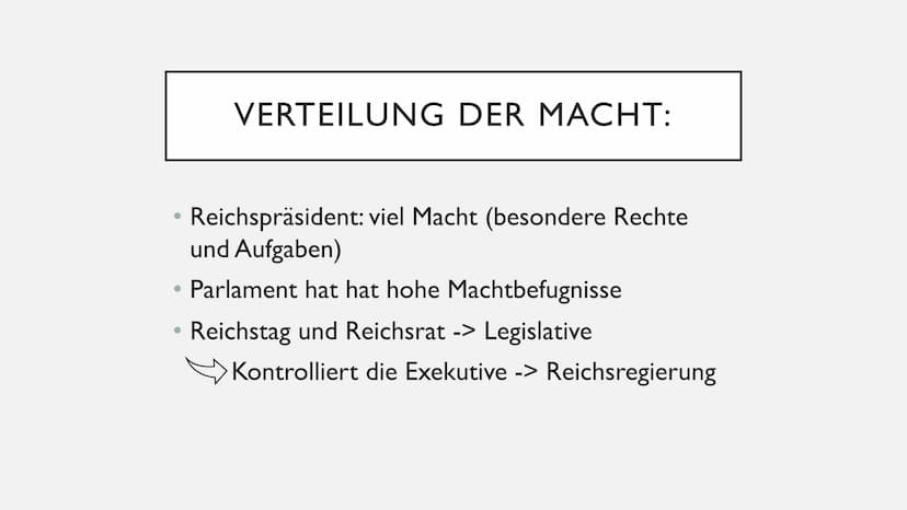 DIE WEIMARER
VERFASSUNG GLIEDERUNG:
1. Aufbau der Verfassung
II. Neue Rechte und Freiheiten des Volkes
III. Verteilung der Macht
IV.Mögliche