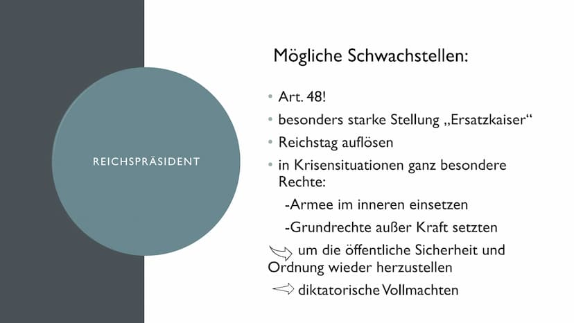 DIE WEIMARER
VERFASSUNG GLIEDERUNG:
1. Aufbau der Verfassung
II. Neue Rechte und Freiheiten des Volkes
III. Verteilung der Macht
IV.Mögliche