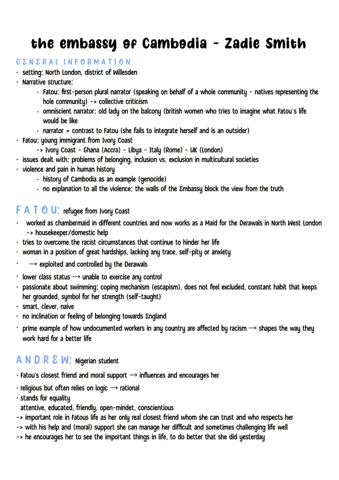 the embassy of Cambodia - Zadie Smith
GENERAL INFORMATION
setting: North London, district of Willesden
Narrative structure:
• Fatou: first-p