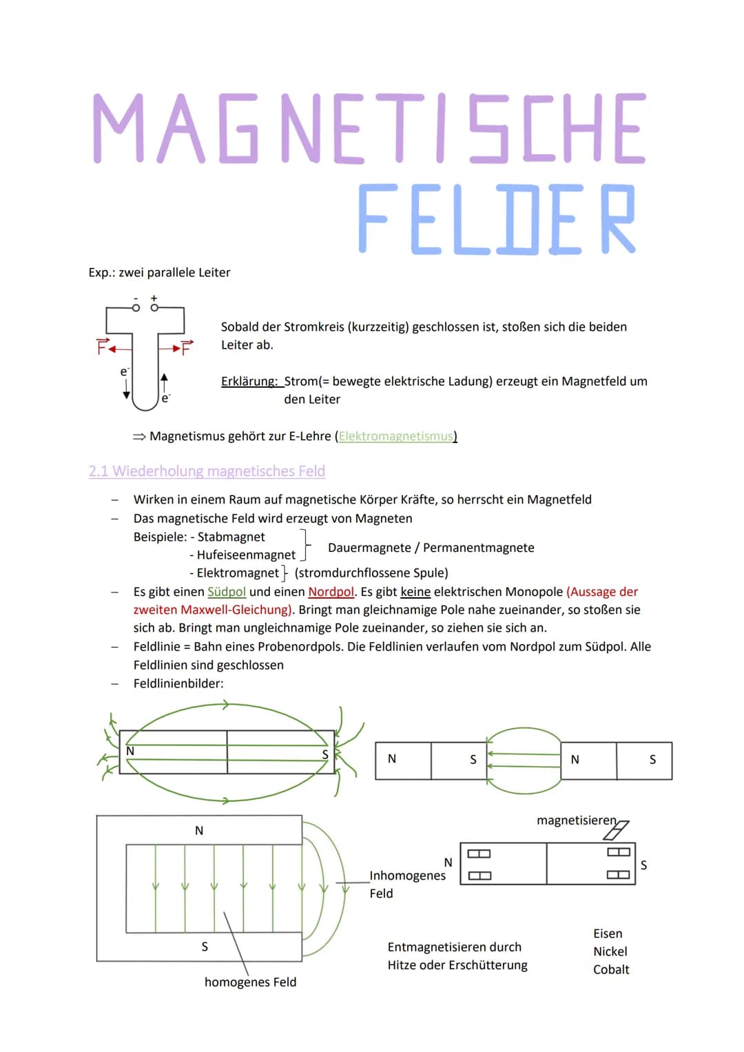 MAGNETISCHE
FELDER
Exp.: zwei parallele Leiter
U
Sobald der Stromkreis (kurzzeitig) geschlossen ist, stoßen sich die beiden
Leiter ab.
⇒ Mag