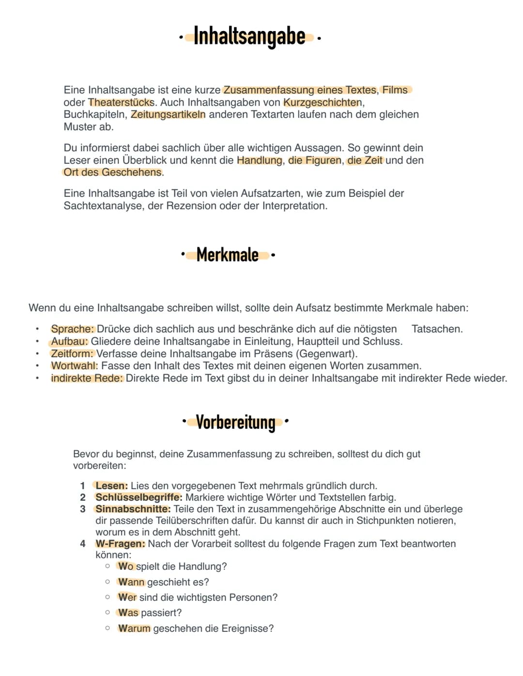 ·
Inhaltsangabe.
Eine Inhaltsangabe ist eine kurze Zusammenfassung eines Textes, Films
oder Theaterstücks. Auch Inhaltsangaben von Kurzgesch