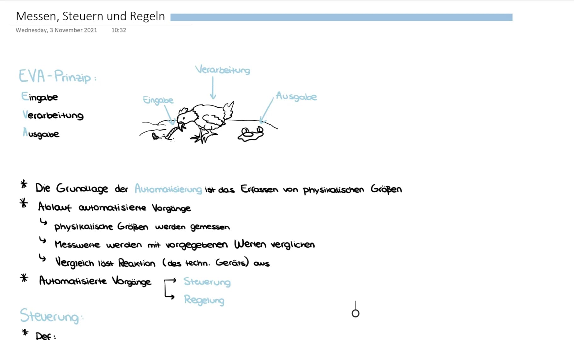 Messen, Steuern und Regeln
Wednesday, 3 November 2021 10:32
EVA-Prinzip:
Eingabe
Verarbeitung
Ausgabe
↳
Eingabe
* Die Grundlage der Automati