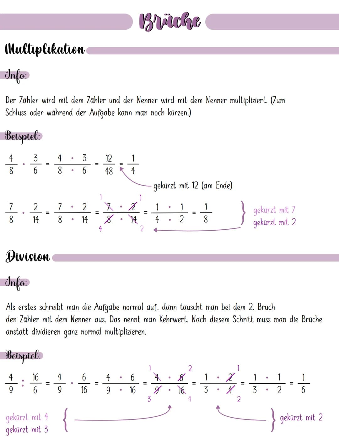 Multiplikation
Info
Der Zähler wird mit dem Zähler und der Nenner wird mit dem Nenner multipliziert. (Zum
Schluss oder während der Aufgabe k