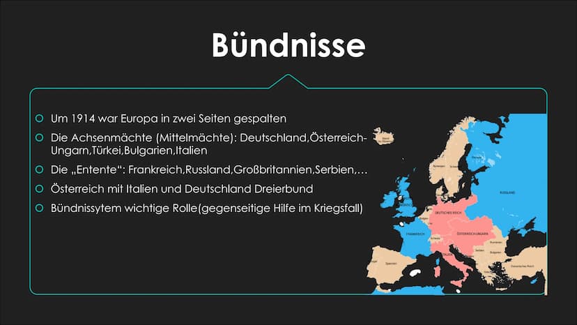 Der erste Weltkrieg - die
,,Urkatastrophe“ des 20. Jahrhunderts
VORGESCHICHTE UND AUSBRUCH Bündnisse
O Um 1914 war Europa in zwei Seiten ges