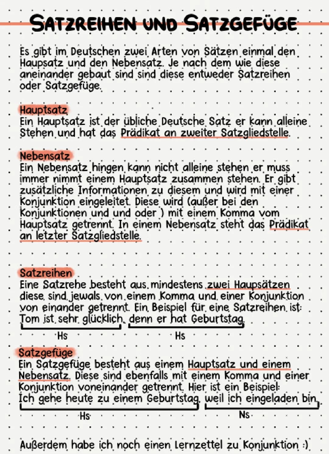 SATZREIHEN UND SATZGEFÜGE
Es gibt im Deutschen zwei Arten von Sätzen einmal den
Haupsatz und den Nebensatz. Je nach dem wie diese
aneinander