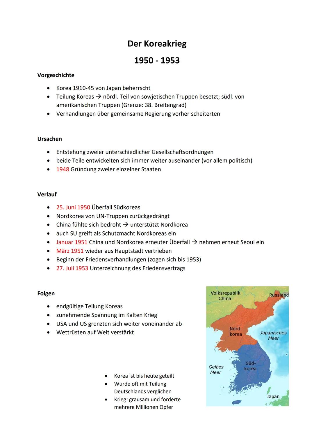 Vorgeschichte
● Korea 1910-45 von Japan beherrscht
Teilung Koreas nördl. Teil von sowjetischen Truppen besetzt; südl. von
amerikanischen Tru