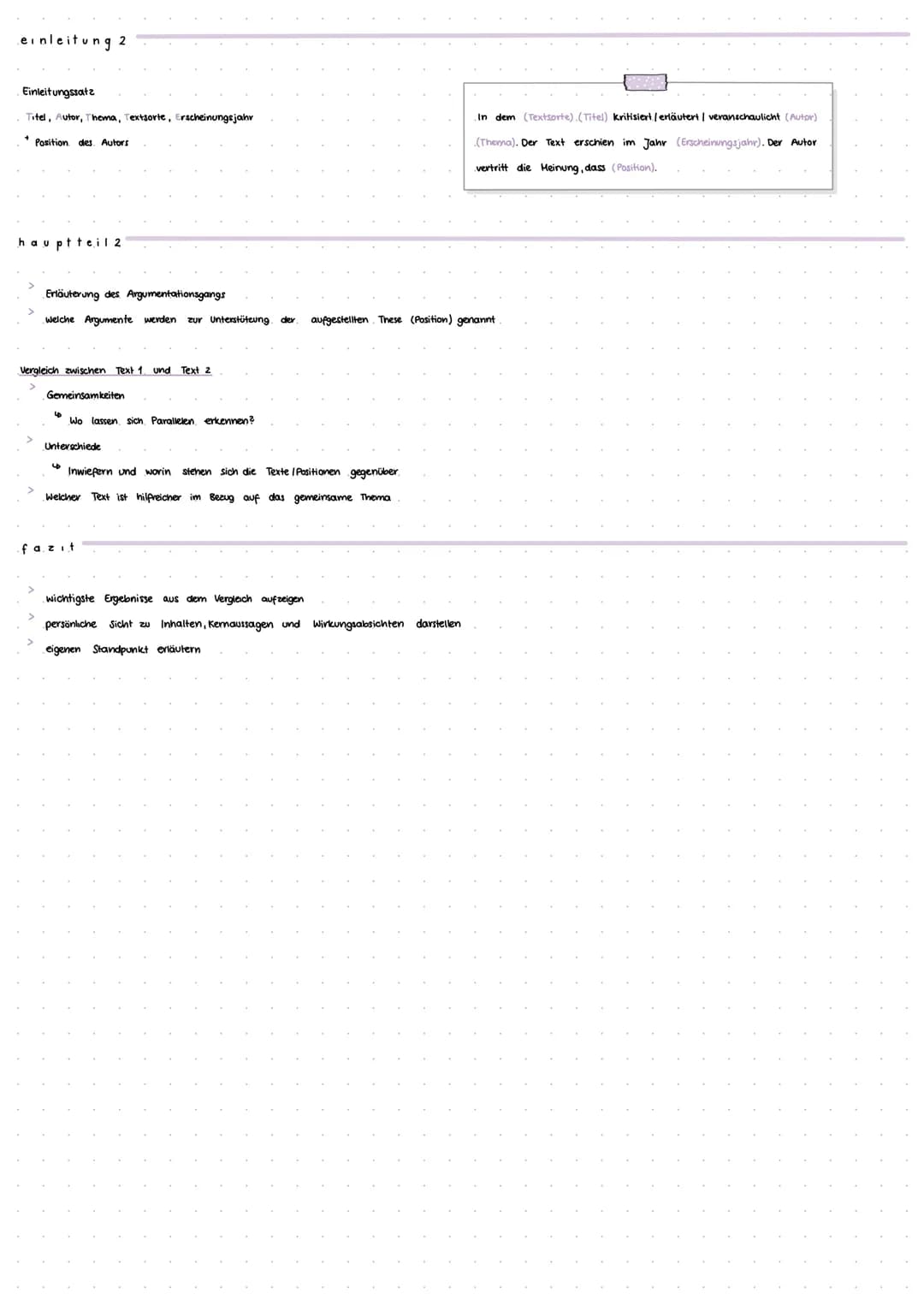 einleitung 1
Titel
A utor
Thema / kerngedanken
Textsorte
Erscheinungsjahr
+ Einordnung ins Thema / Kontext
+
Position
hauptteil 1
Erläuterun