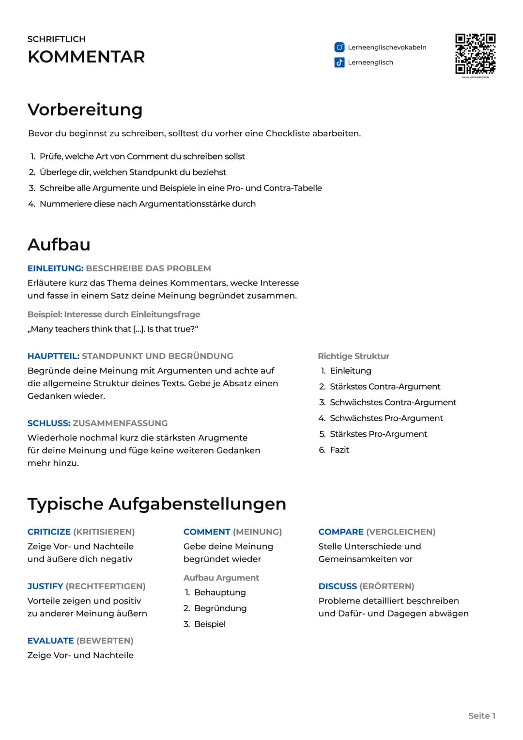 SCHRIFTLICH
KOMMENTAR
1. Prüfe, welche Art von Comment du schreiben sollst
2. Überlege dir, welchen Standpunkt du beziehst
3. Schreibe alle 