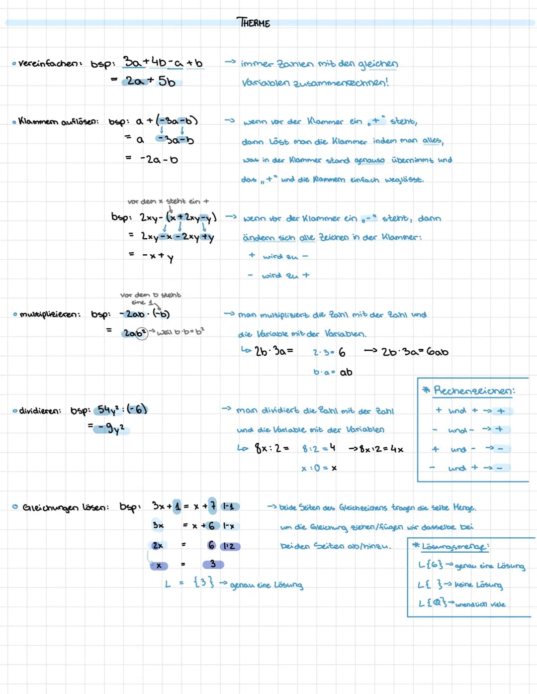 • vereinfachen: bsp: 3₂+4b=a+b
2a + 5b
=
• Klammern auflösen: bsp: a +
- (-3a-b)
=a3a-b
= -2a-b
vor dem x steht ein +
bsp: 2xy-(x + 2xy-y)
2