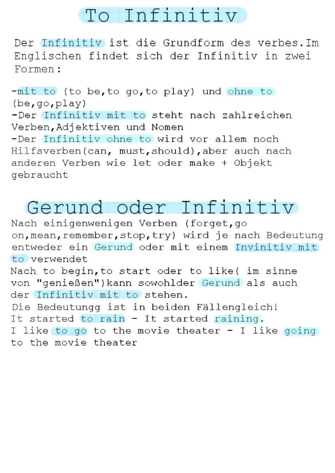 To Infinitiv
Der Infinitiv ist die Grundform des verbes. Im
Englischen findet sich der Infinitiv in zwei
Formen:
-mit to (to be, to go, to p