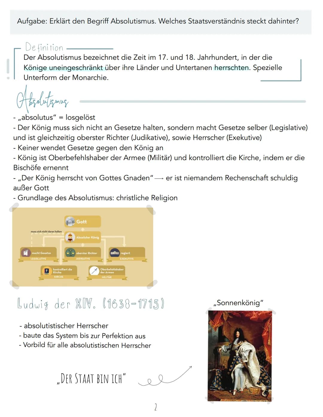 Aufgabe: Erklärt den Begriff Absolutismus. Welches Staatsverständnis steckt dahinter?
Definition
Der Absolutismus bezeichnet die Zeit im 17.