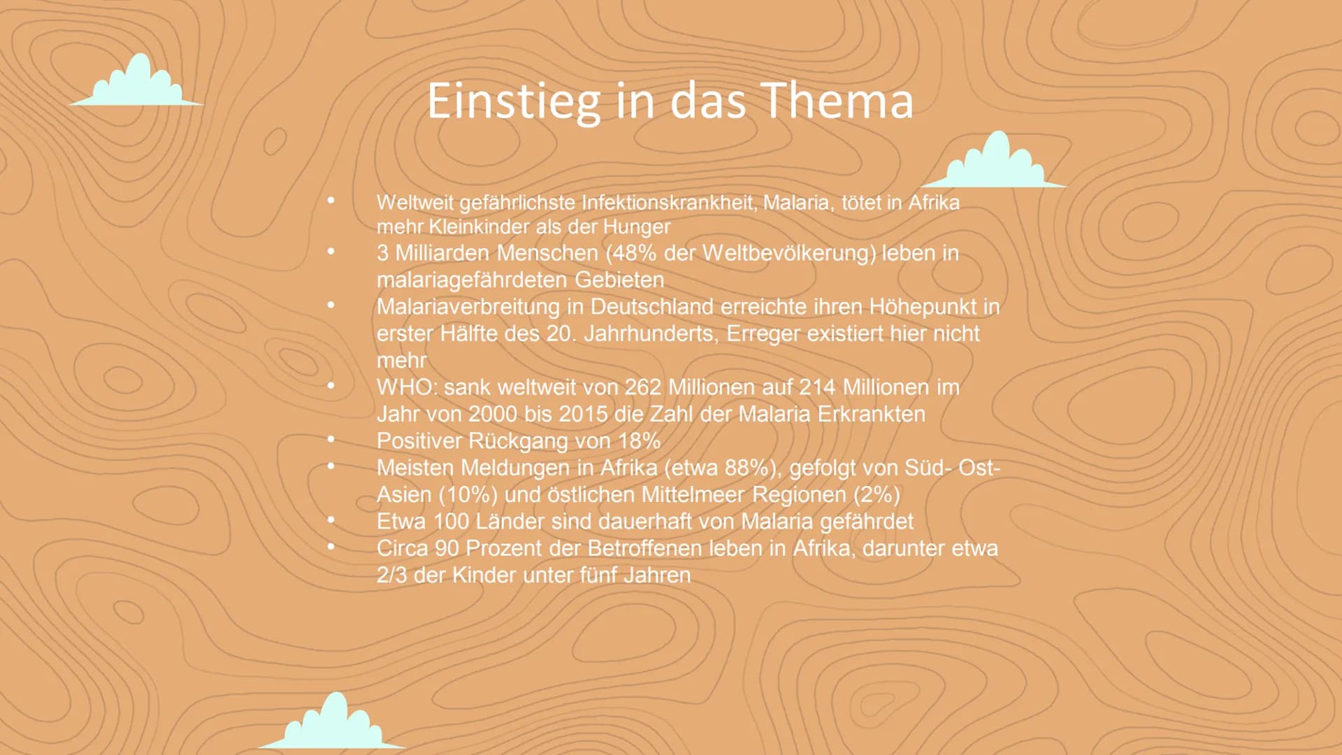 Malaria
Negin David
C Inhaltsverzeichnis
Einstieg in das Thema
WHO- Statistik
• 3 Arten von Malaria
Veranschaulichung
Erreger / die Anophele