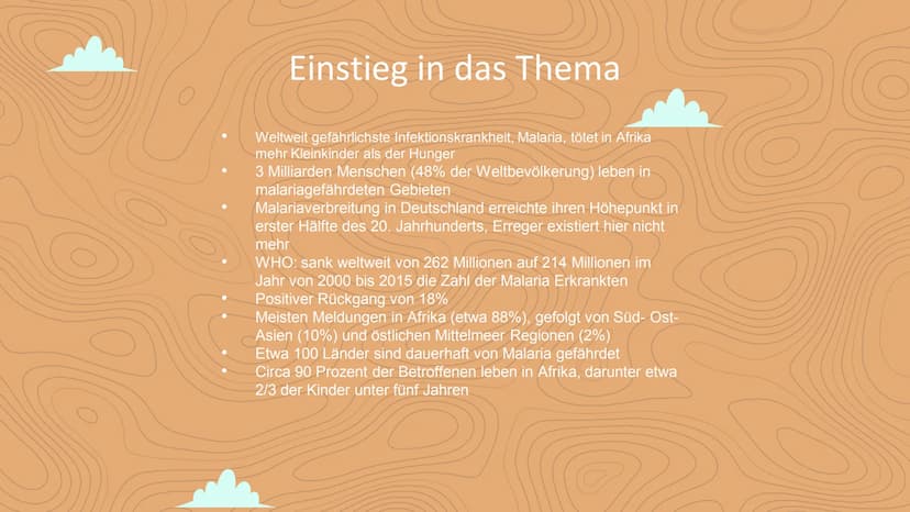 Malaria
Negin David
C Inhaltsverzeichnis
Einstieg in das Thema
WHO- Statistik
• 3 Arten von Malaria
Veranschaulichung
Erreger / die Anophele