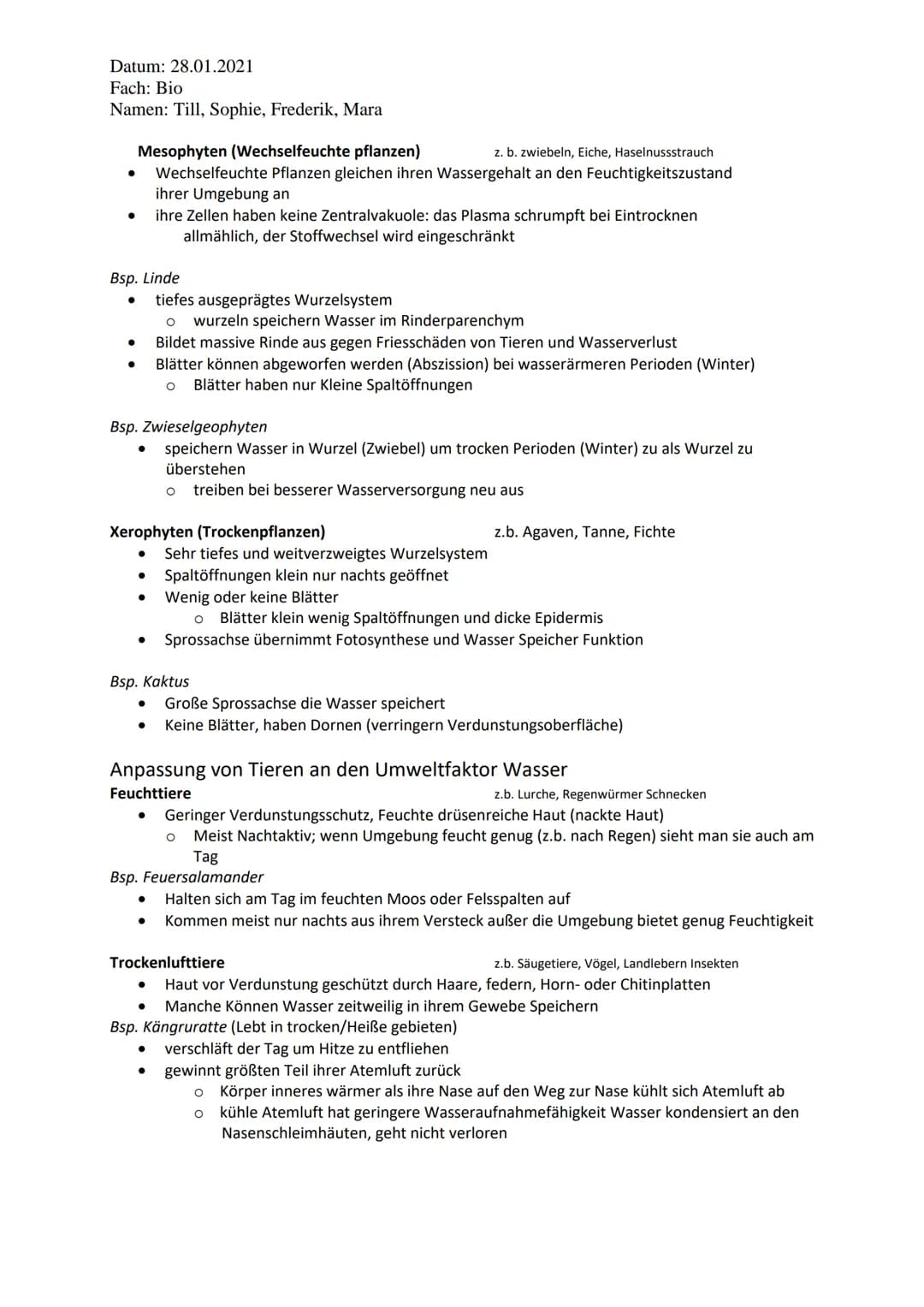 Datum: 28.01.2021
Fach: Bio
Namen: Till, Sophie, Frederik, Mara
Handout Umweltfaktor Wasser
Gliederung
1. Umweltfaktor Wasser
2. Anpassung v